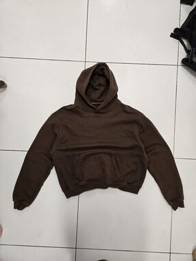 Rue Porter Luxury Cropped Boxy Hooded Pullover Chocolate Sweatshirt Size M
